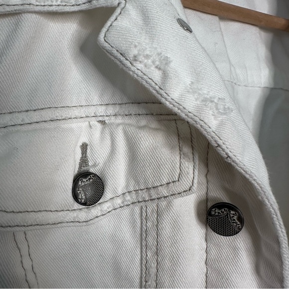 Free People | Knit Hooded White Denim Distressed Jean Jacket Fabric Sleeves Sz M - Picture 10 of 12